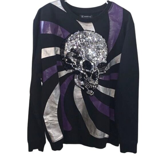 INC Skull Sequin Black & Purple Long Sleeve Sweatshirt XL - Picture 1 of 4